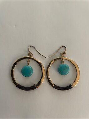 Gold Tone Turquoise Hoop Dangle Hook/Pierced Earrings